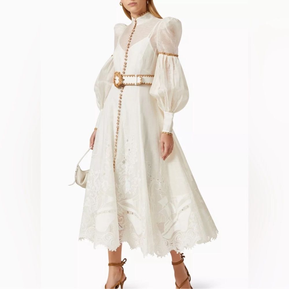 Zimmermann Postcard Belted Broderie Anglaise Linen and Silk Blend Midi Dress